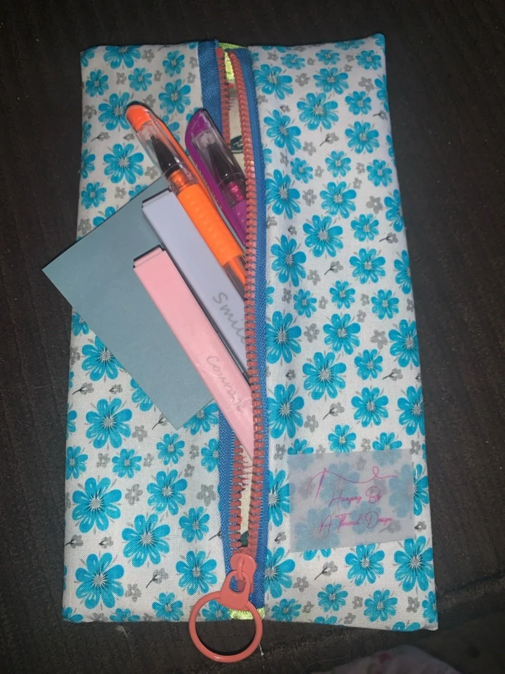 Floral Blue Cotton Pencil Case with Coral Zipper
